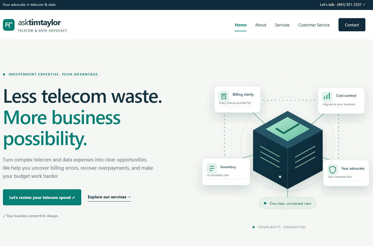 Ask Tim Taylor website featuring telecom and data advocacy and the headline Less telecom waste. More business possibility.