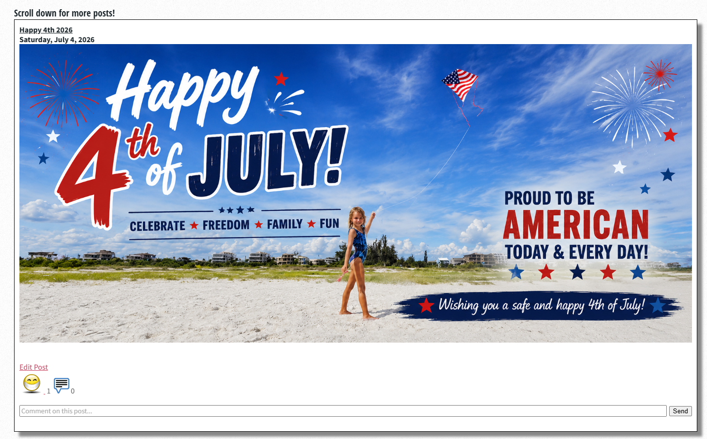 A GibsoNetwork community post celebrating the Fourth of July with a beach, a kite, and family-themed artwork.